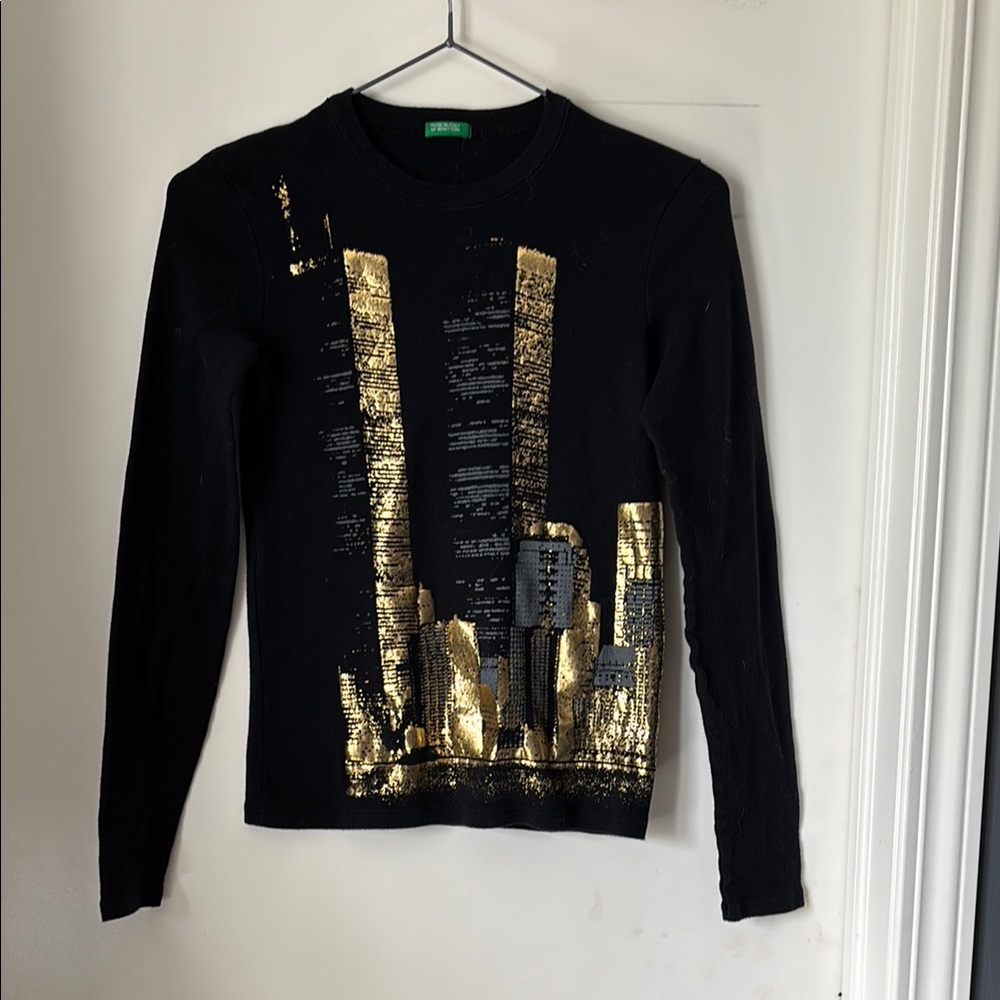 Black Long Sleeve with Gold Cityscape Design